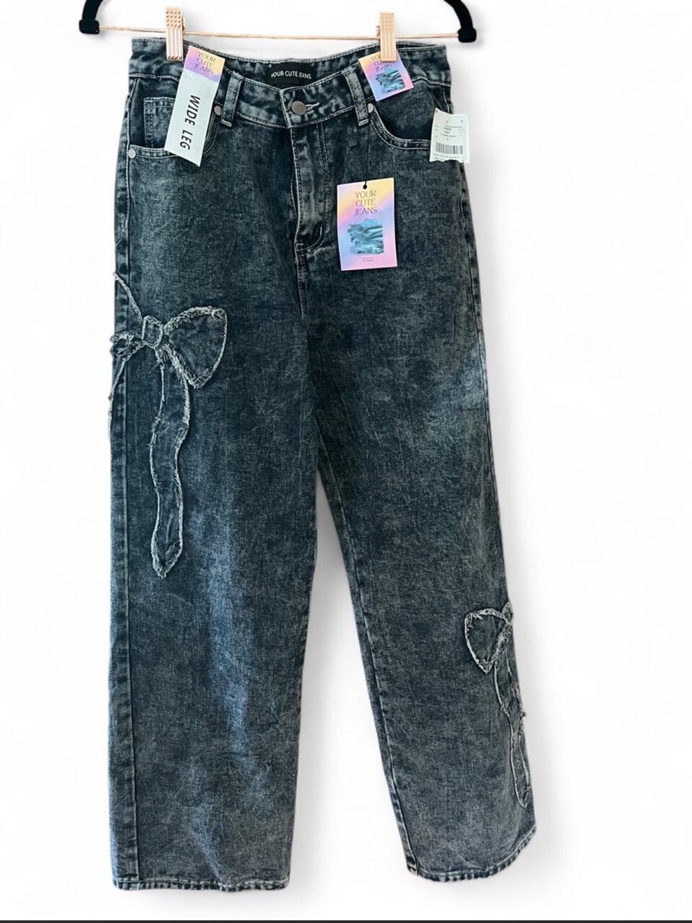 Washed Black Bow Detail Wide Leg Jeans
